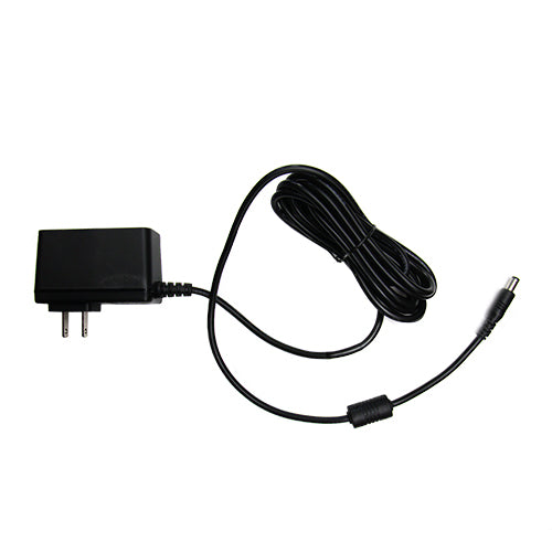 Black power adapter with cable on a white background