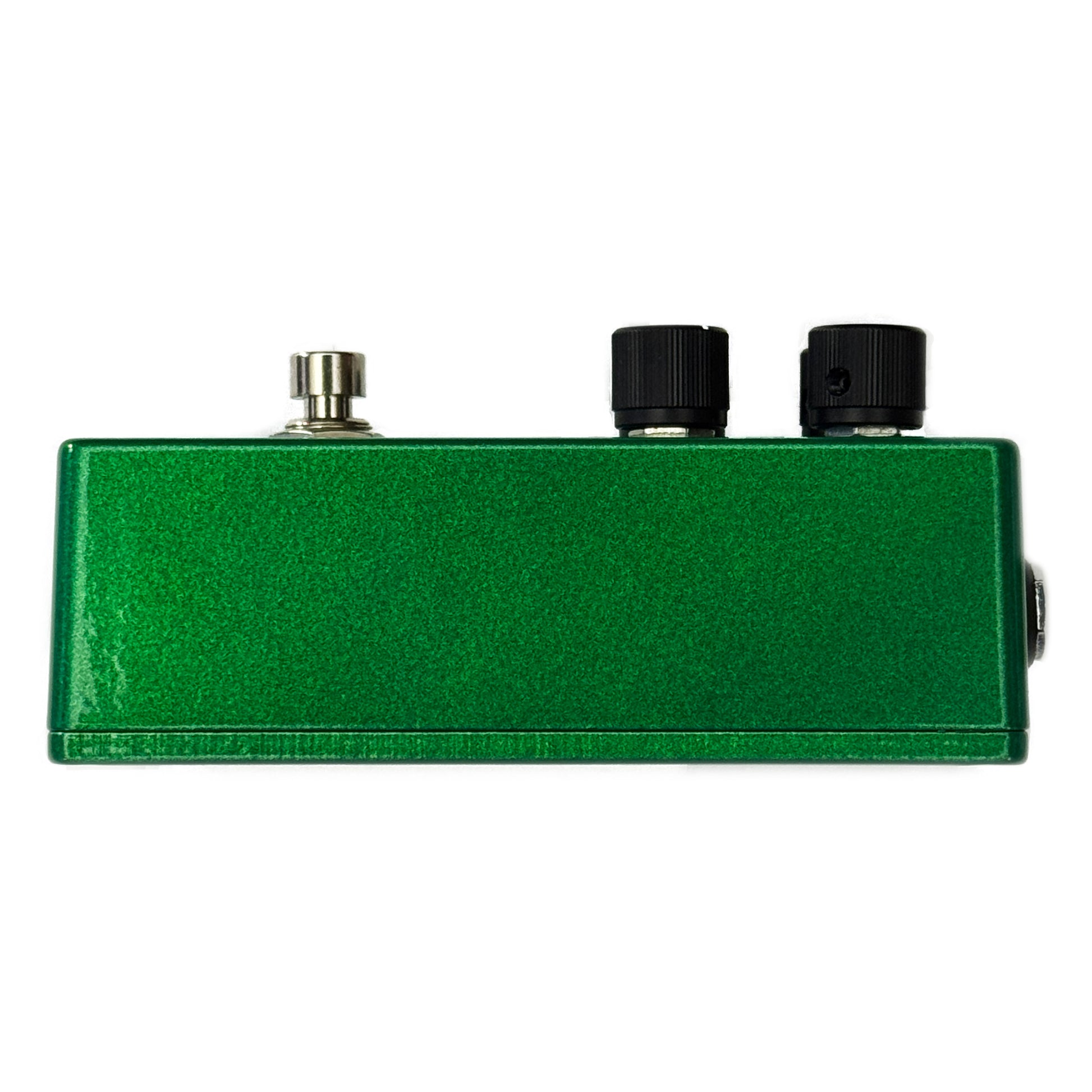 Right side view of TWA Source Code OverdriveGreen guitar effects pedal with low profile knobs on a white background