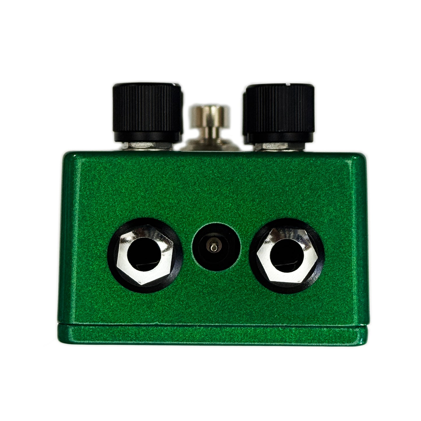 Top view of TWA Source Code Overdrive, a Green guitar effects pedal with knobs and top mounted jacks on a white background 
