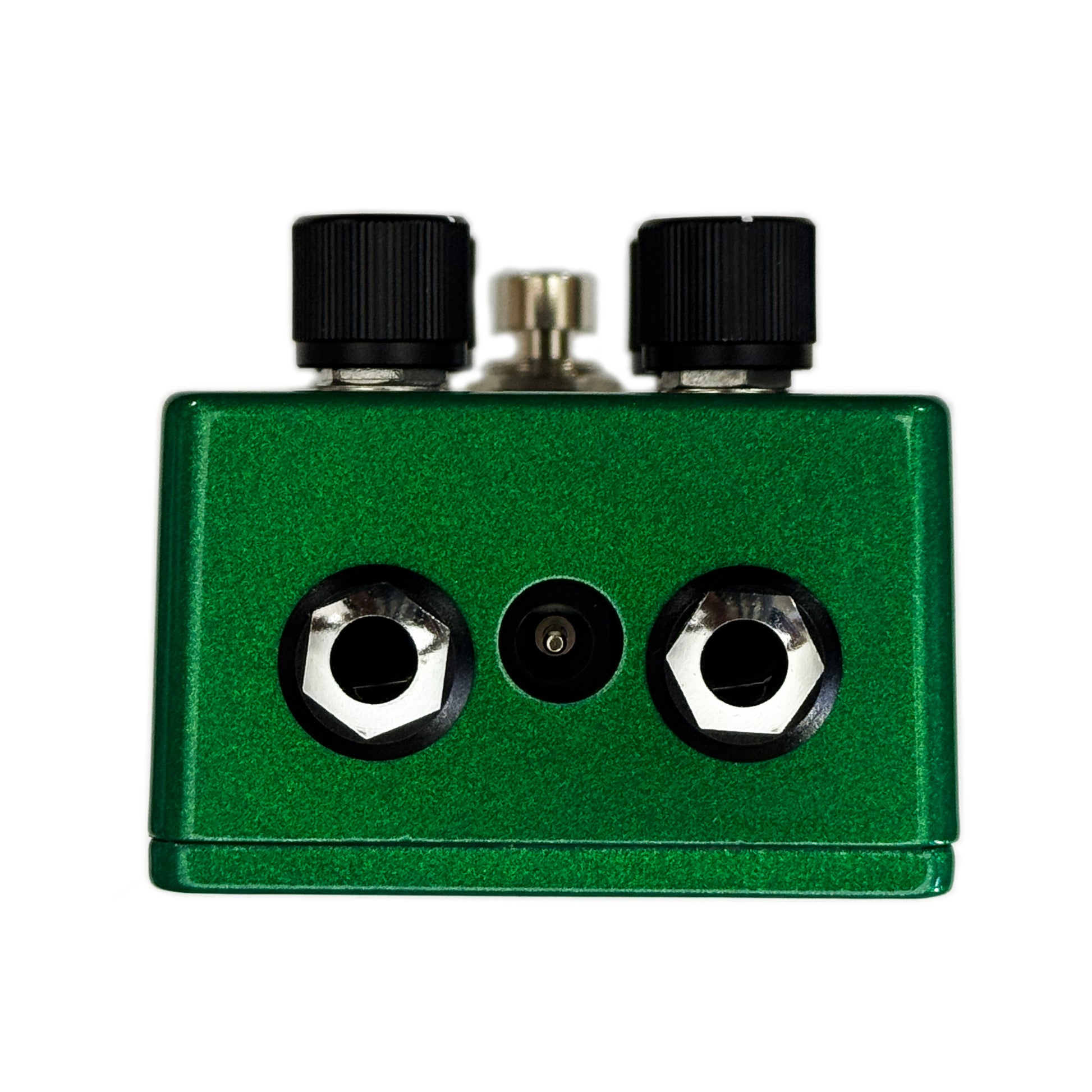 Top view of TWA Source Code Overdrive, a Green guitar effects pedal with knobs and top mounted jacks on a white background 
